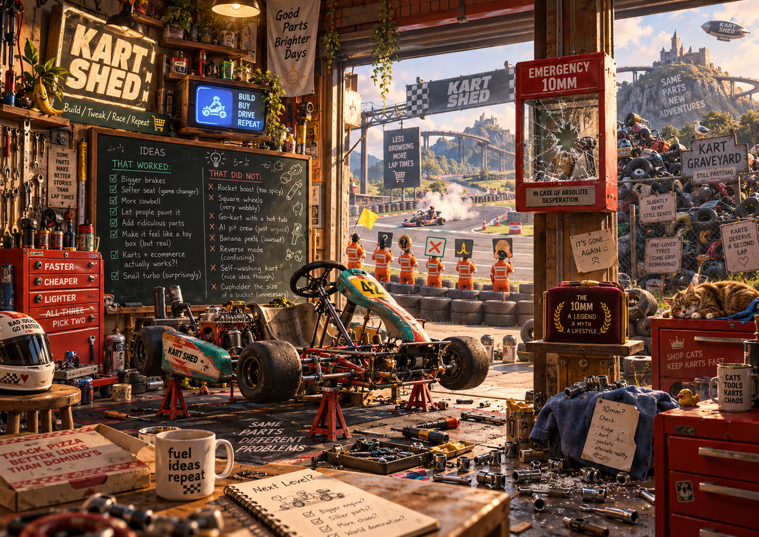 A chaotic Kart Shed workshop packed with hidden jokes, a missing 10mm socket, kart graveyard and real kart parts.