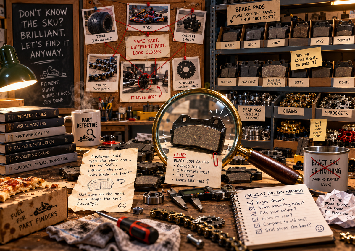 A kart parts detective bench identifying a brake pad from clues instead of an exact SKU.