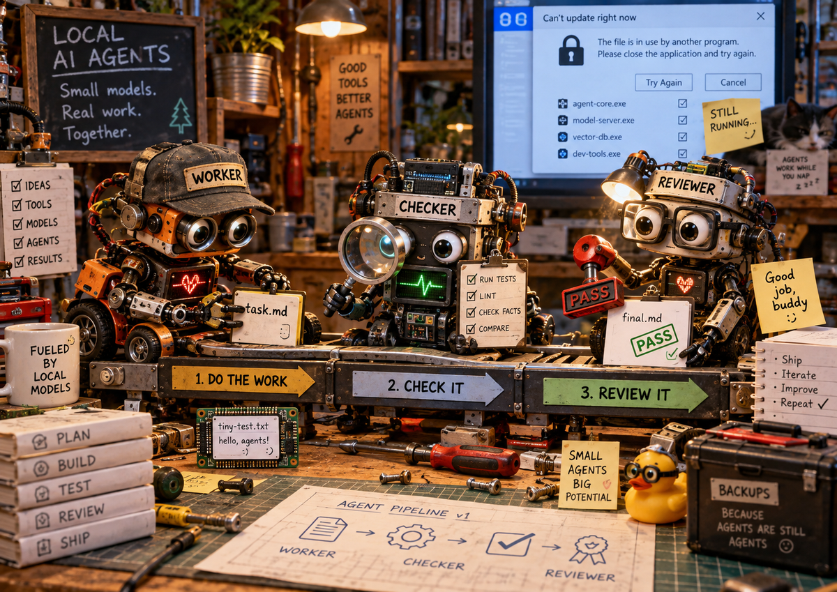 Three workshop-style local AI agents labelled worker, checker and reviewer, with a Windows update lock gag in the background.