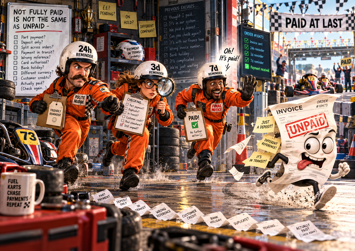 A comic pit-lane payment chase showing 24-hour, 3-day and 7-day reminders pursuing an invoice that turns out to be paid.