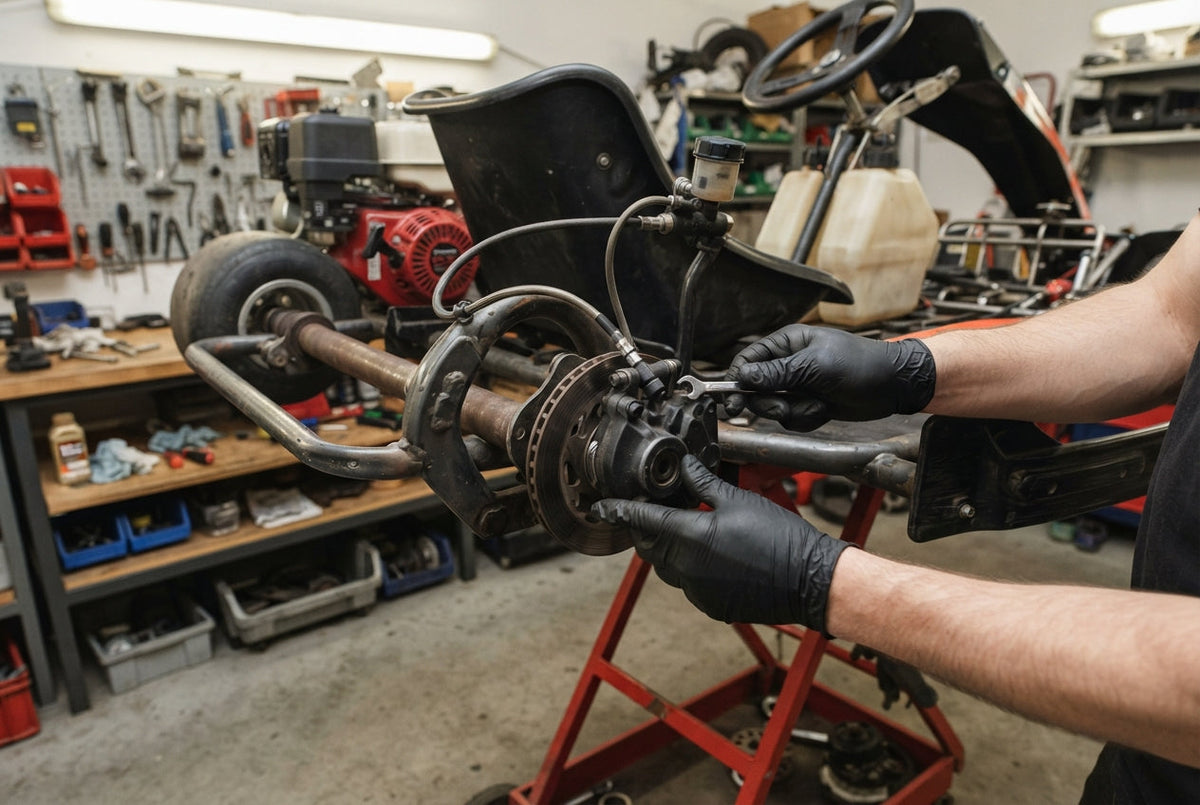 A mechanic's gloved hands using a spanner on a rental kart rear brake caliper, with the brake hose, fluid reservoir and brake disc visible.