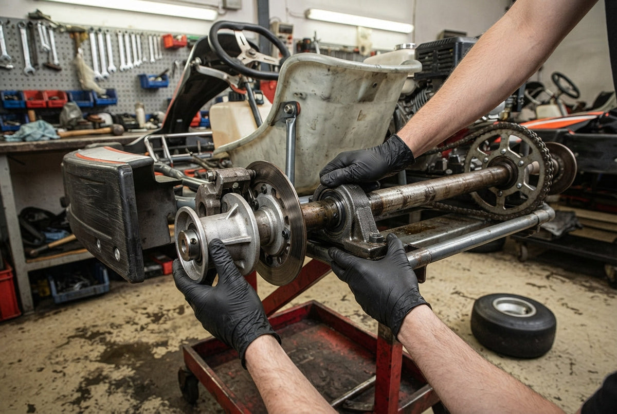 Rental kart rear axle assembly showing the axle bearing and holder, rear wheel hub, brake disc and sprocket during workshop inspection.