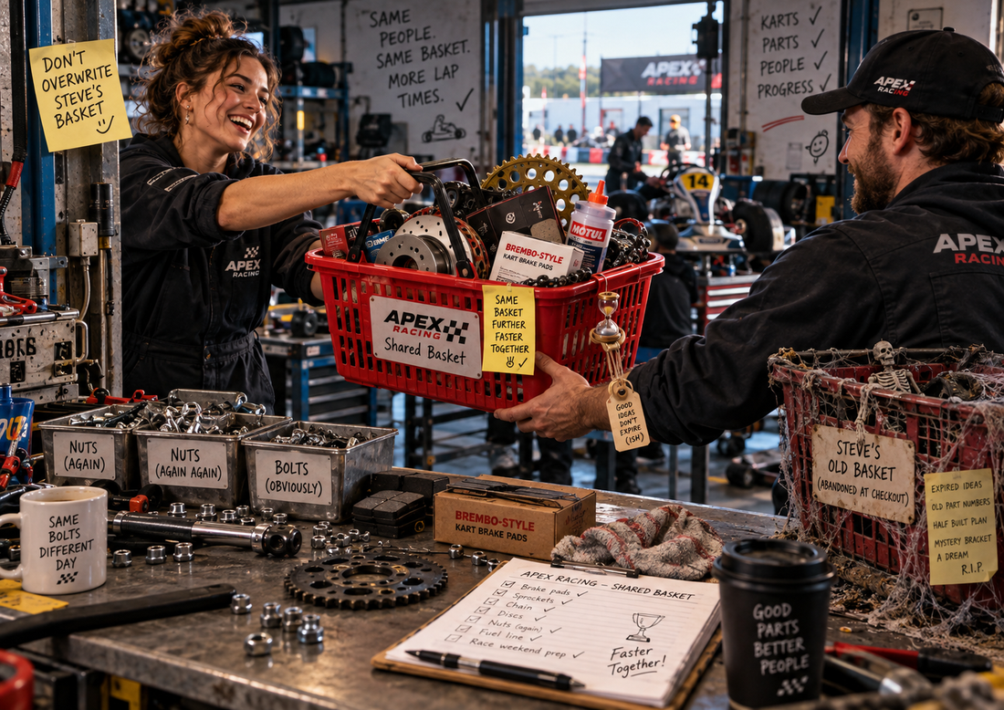 Two kart team members passing a shared parts basket, with abandoned old baskets and workshop jokes hidden around the scene.