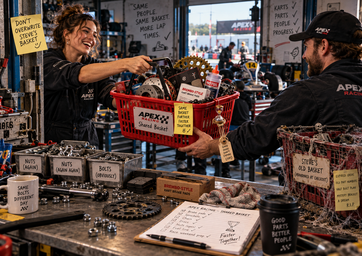 Two kart team members passing a shared parts basket, with abandoned old baskets and workshop jokes hidden around the scene.
