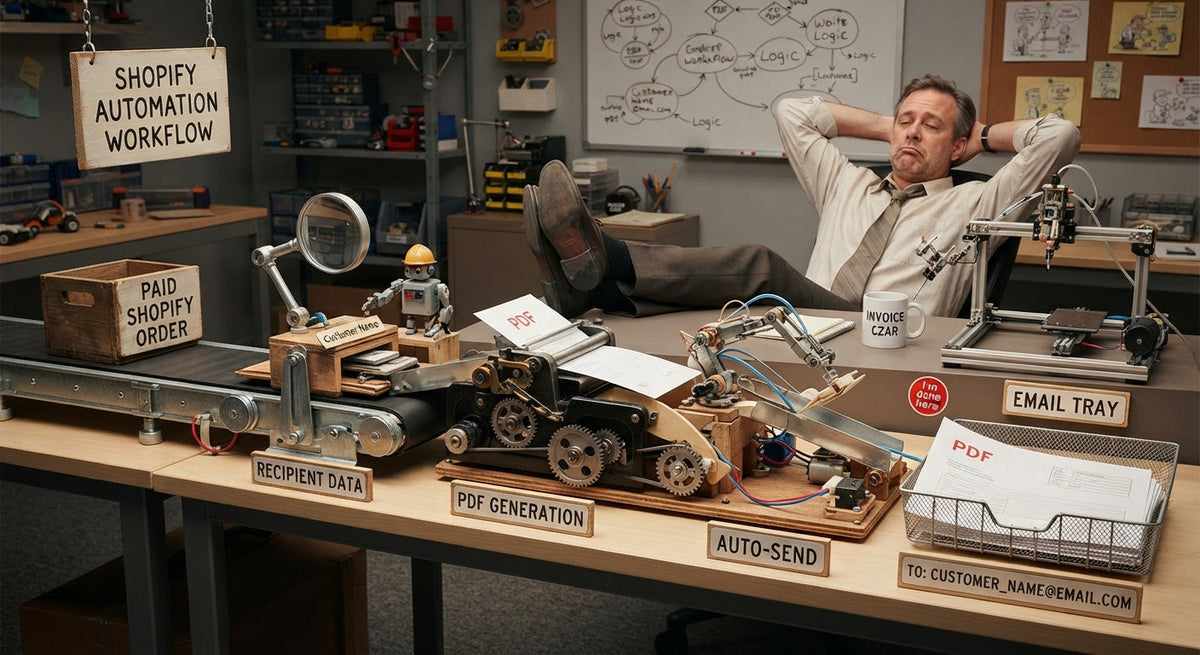 A humorous workflow scene showing a Shopify order turning into an automatically sent invoice.