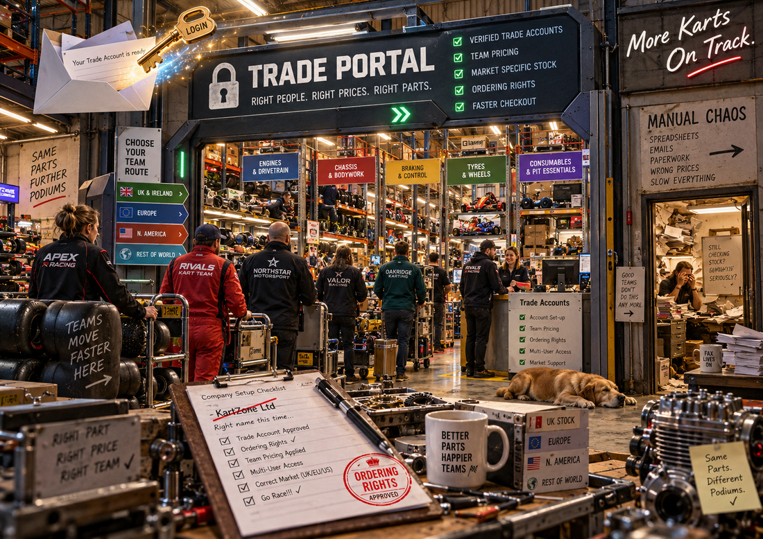 B2B trade portal for kart teams, with a humorous contrast between automated trade accounts and manual paperwork chaos.