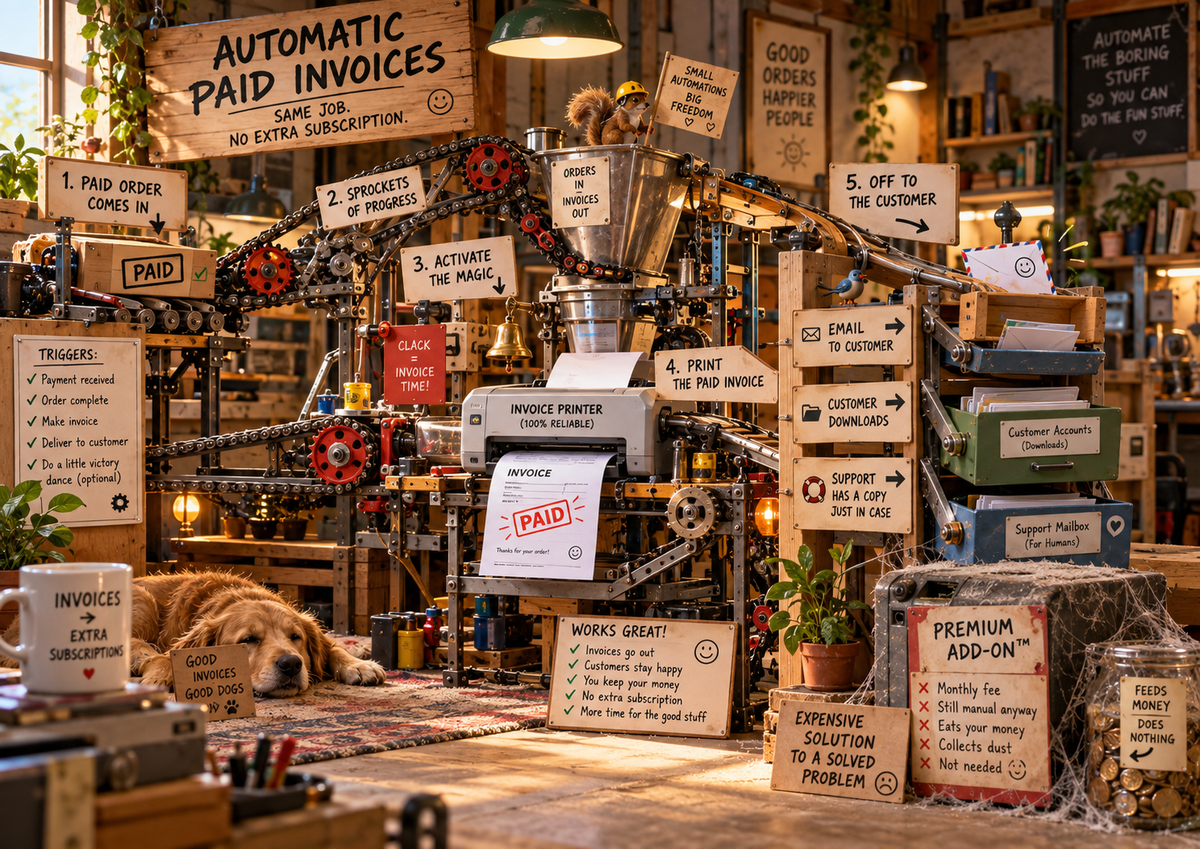 A deliberately over-engineered workshop machine automatically sending paid invoices without another premium subscription.