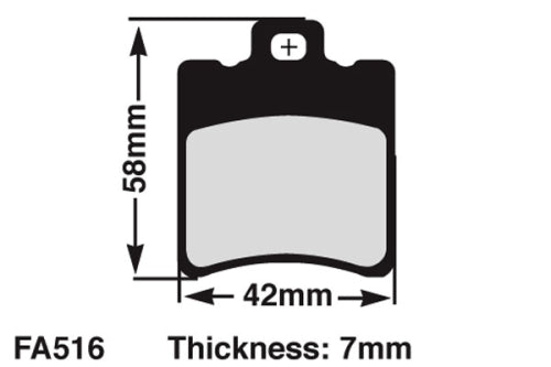 EBC FA516 kart brake pad dimensions: 58mm high, 42mm wide and 7mm thick