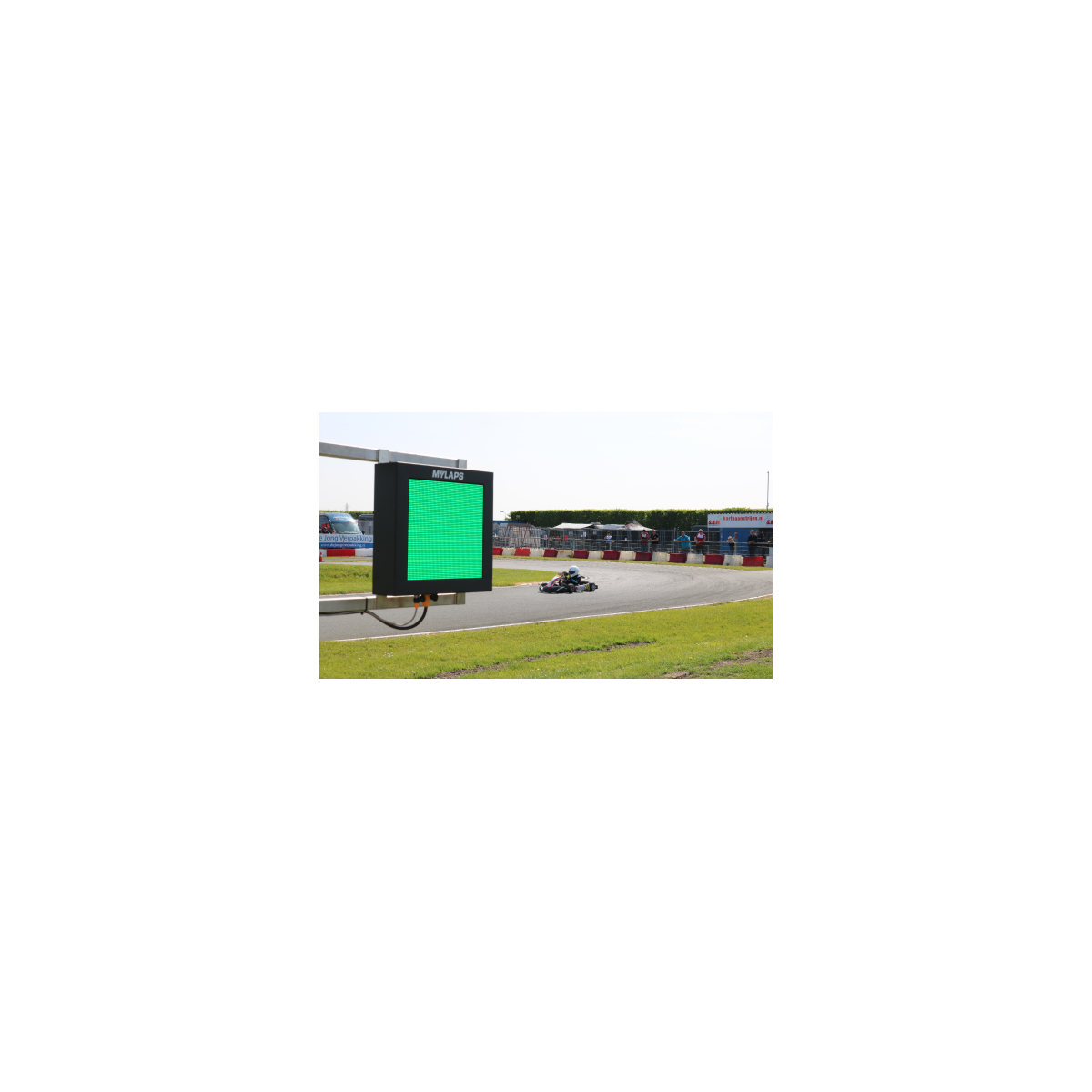 MYLAPS X2 karting LED panel installed beside a kart circuit