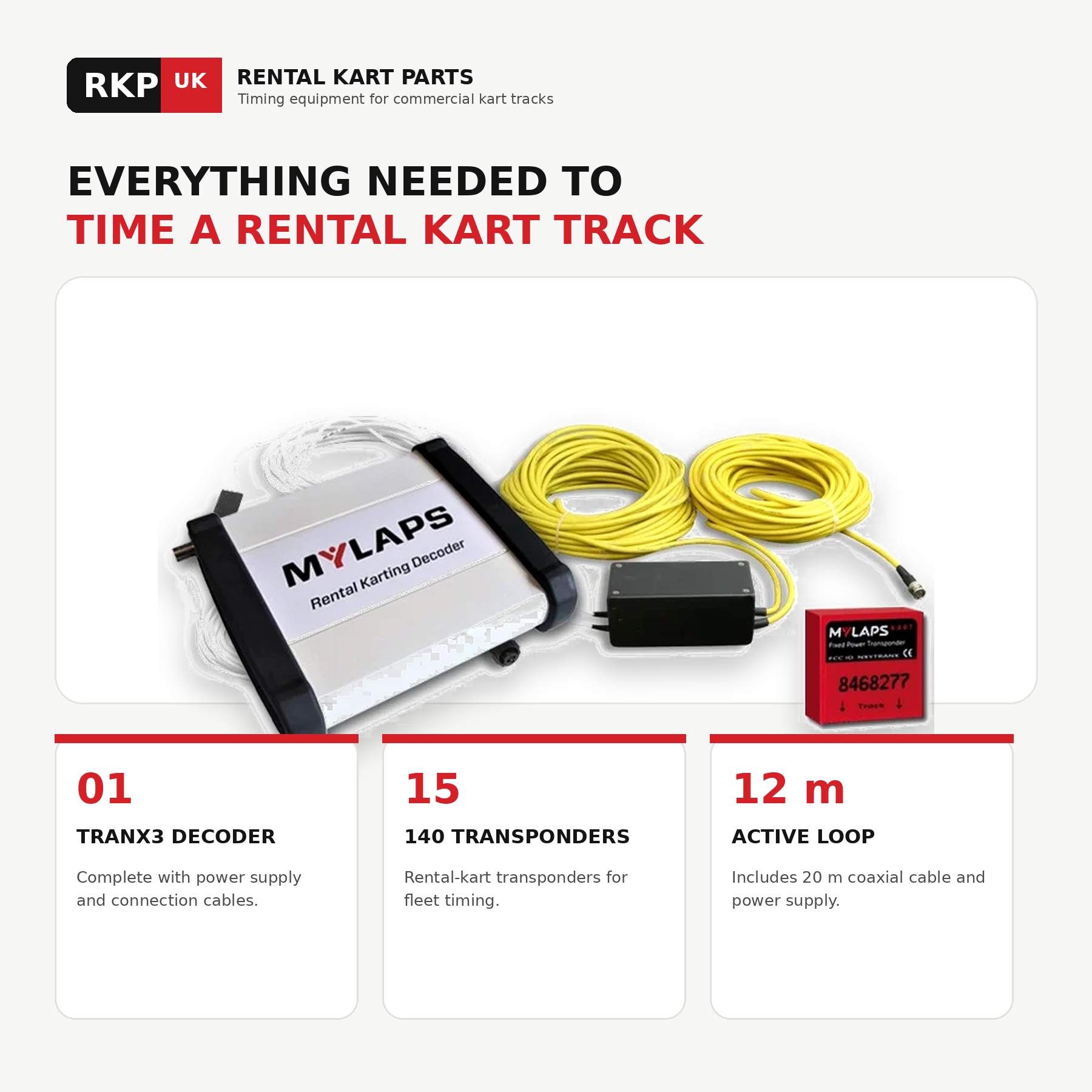 Contents of MYLAPS rental karting starter pack including 15 transponders, decoder, active loop, coax cable and power supplies