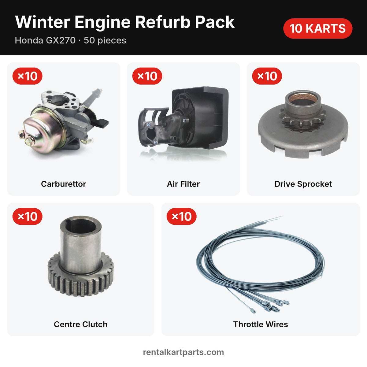 Winter Engine Refurb Pack – 10 karts – Honda GX270: carburettors, air filters, drive sprockets, centre clutches, throttle wires