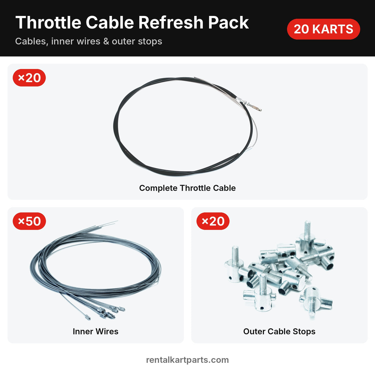 Throttle Cable Refresh Pack – 20 karts – complete cables, inner wires and outer cable stops